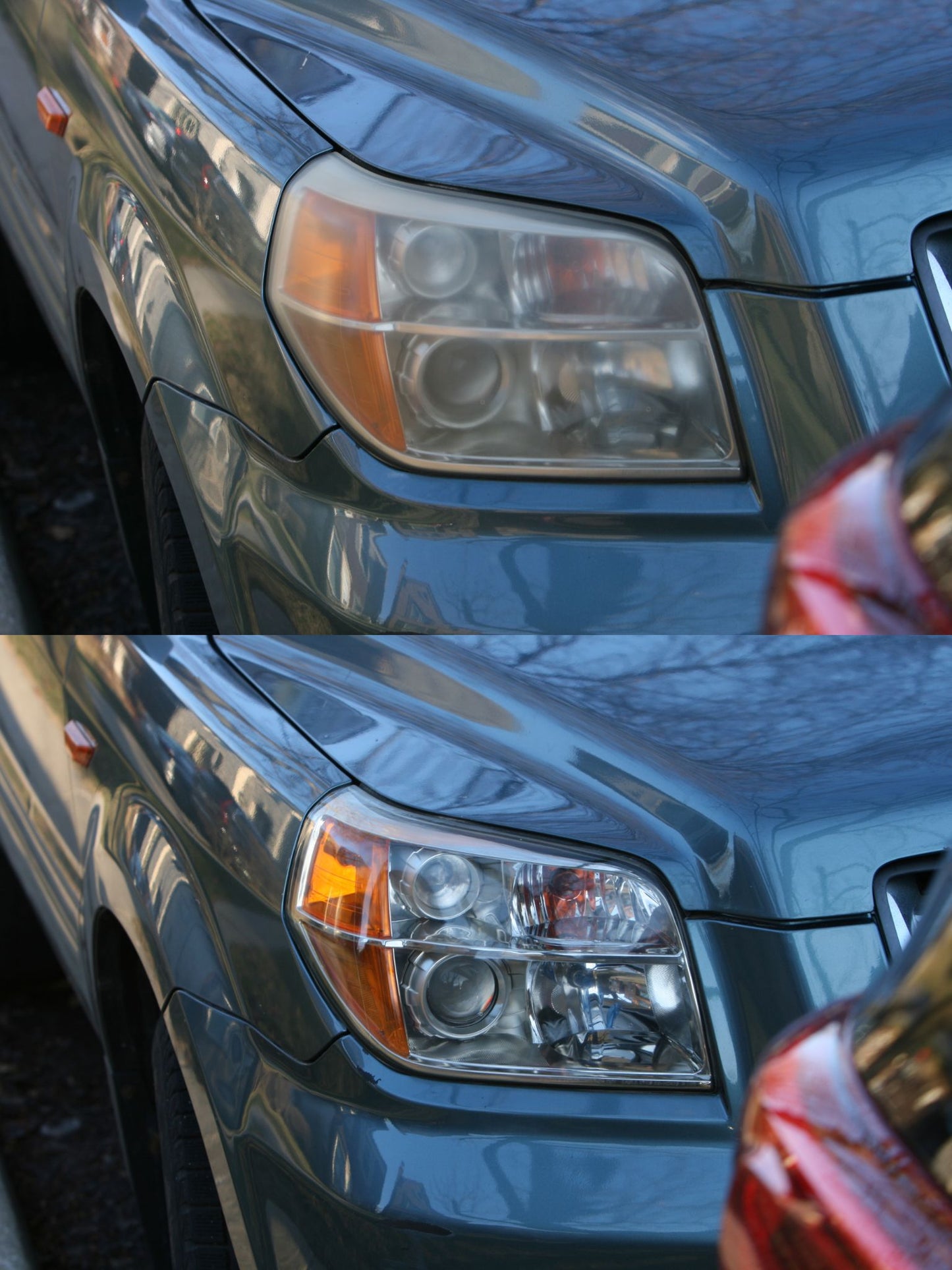 Close-up of a car's headlight with a visible difference between before and after headlight restoration.
