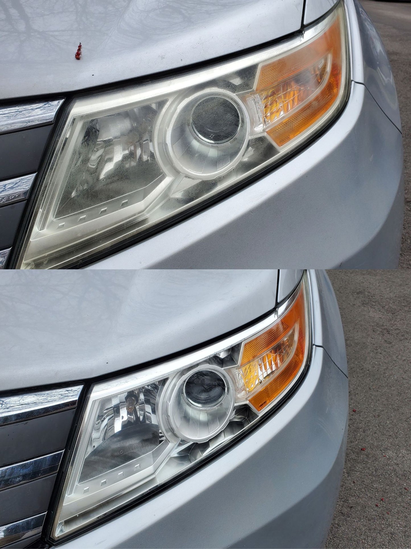 Close-up of a car's headlights one with a clear lens due to headlight restoration and the other with an orange hue before it's headlights were restored.