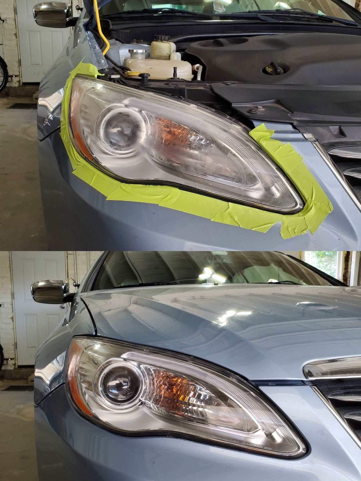 Comparison of a car headlight with and without protective ceramic coating in a garage setting.