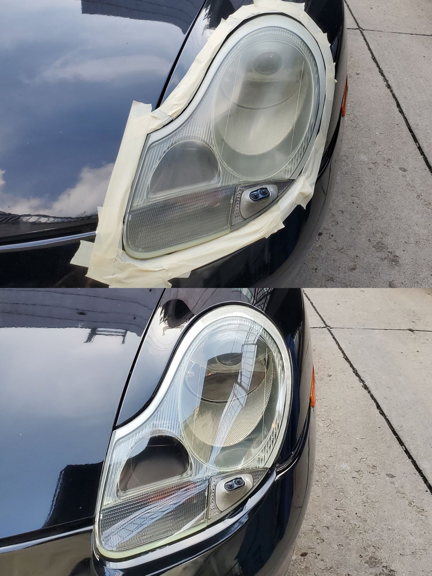 Two images of a Porsche car, one showing before headlight restoration and the other showing after headlight restoration.