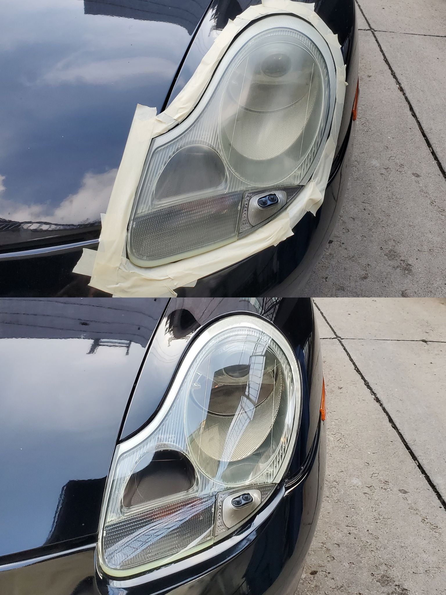 Two images of a Porsche car, one showing before headlight restoration and the other showing after headlight restoration.