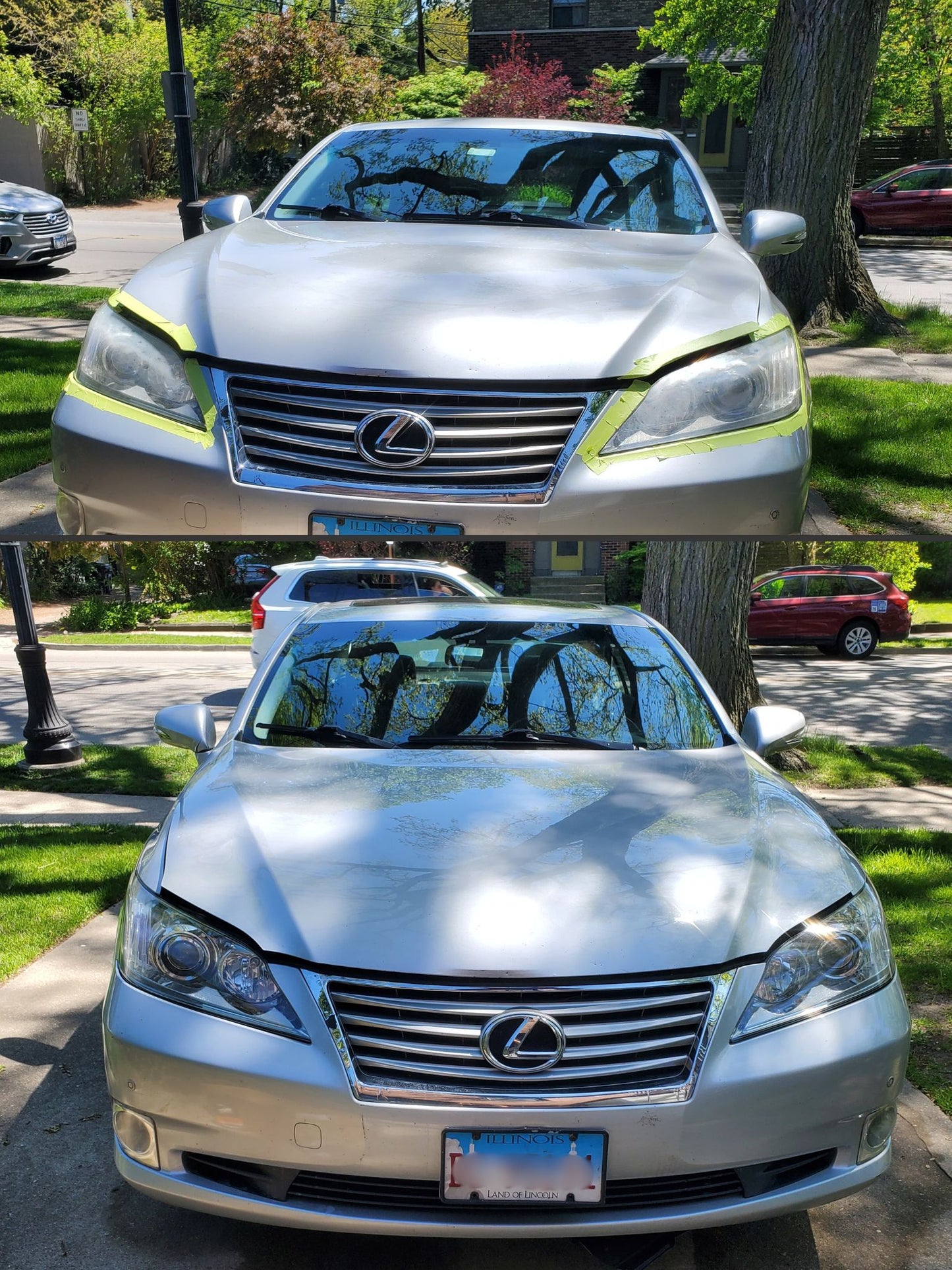 A before and after comparison of a vehicle's headlight cleaning. The top image shows the headlight before cleaning, appearing cloudy and discolored, while the bottom image shows the headlight after cleaning, now looking clear and well-lit.