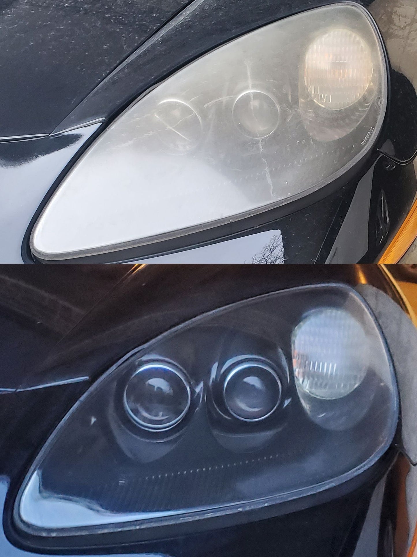 Comparison of a car headlight before and after cleaning, showing a clear difference.