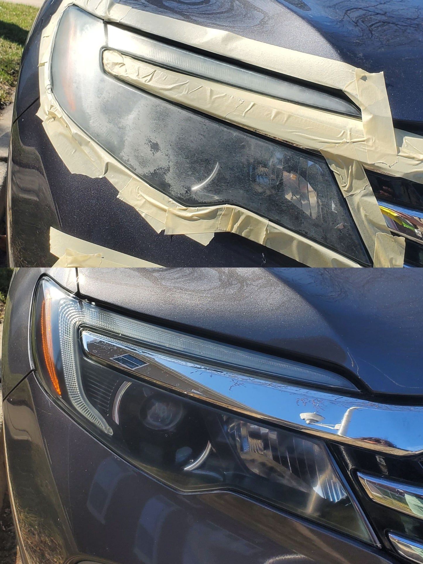 Close-up of a car's headlight with a visible difference between before and after headlight restoration was performed by a professional.