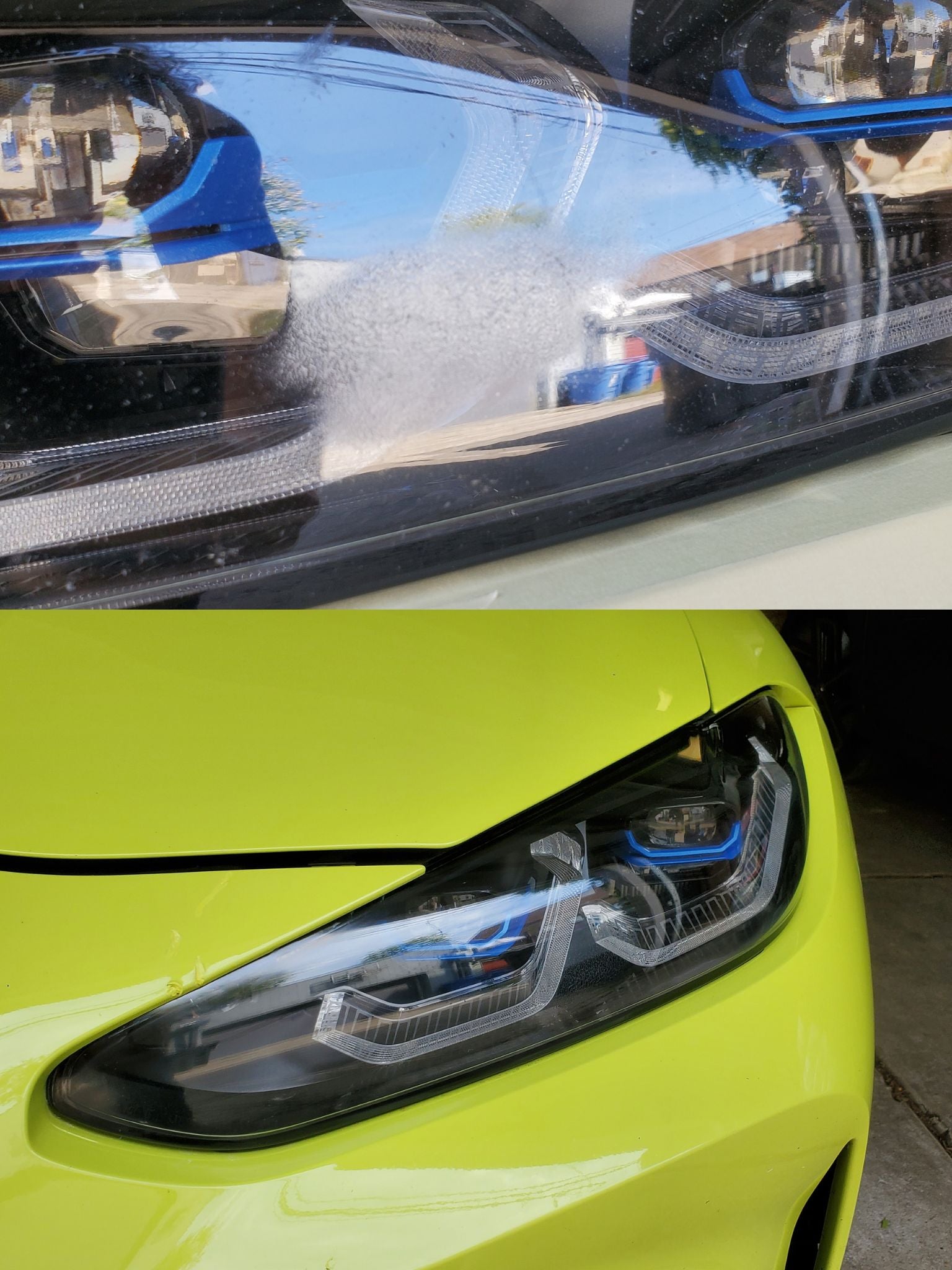 Comparison of car headlights, one with a blemish on its surface and the other an after image of headlight restoration on a lime green car now without a blemish