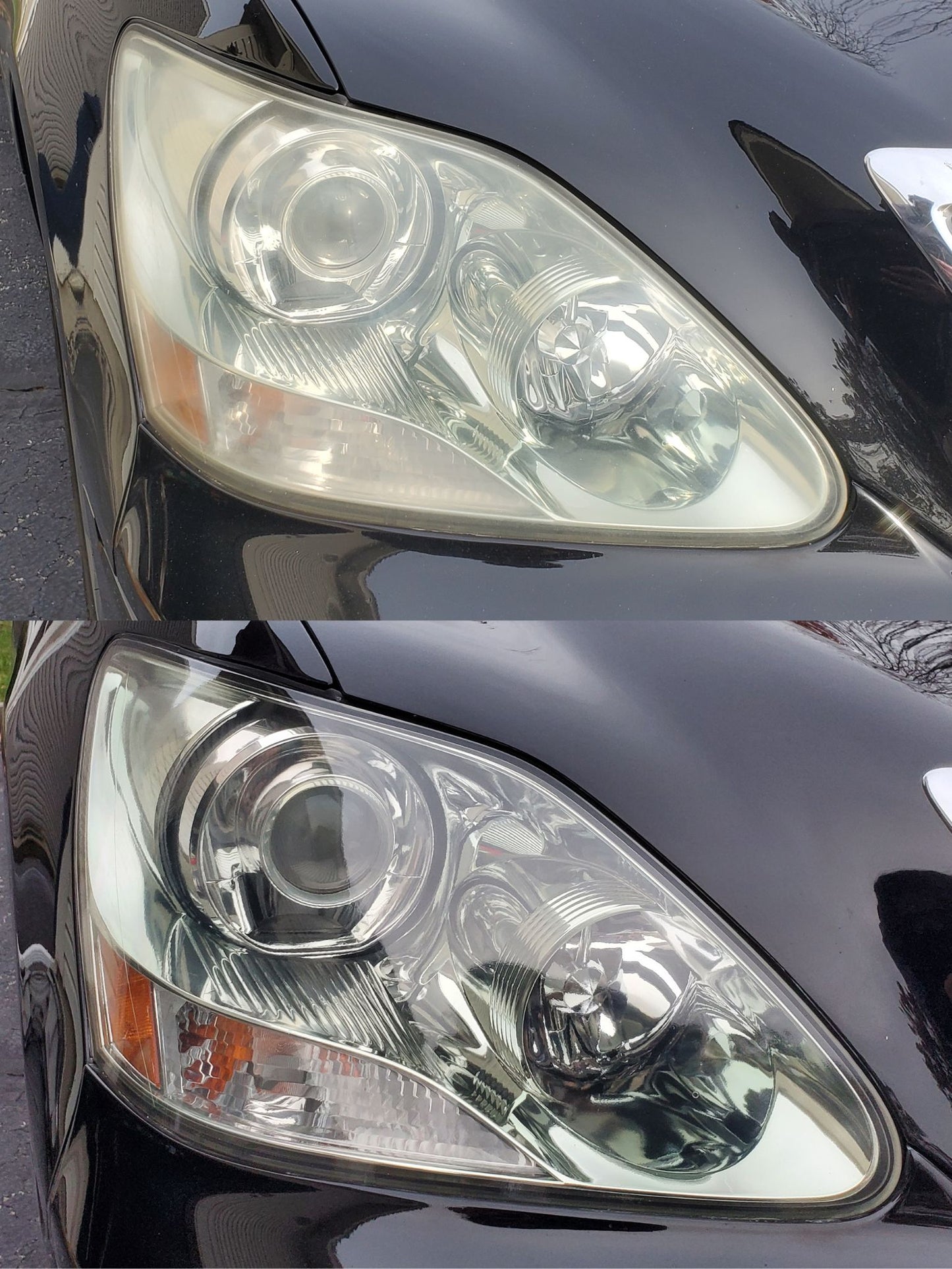 Comparison of a car headlight before and after cleaning or restoration.
