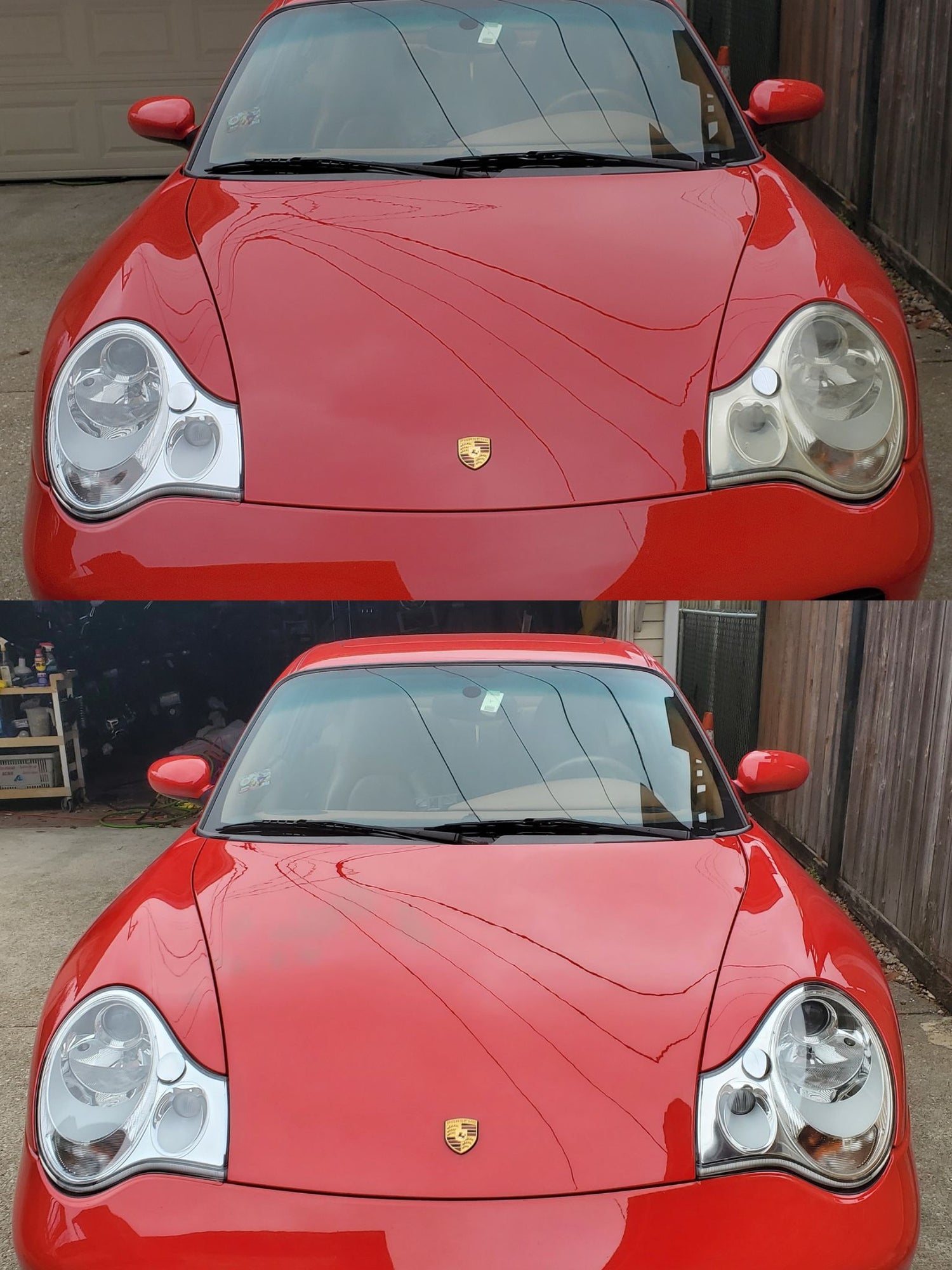 Two images of a red sports car with a Porsche emblem, one showing before headlight restoration and the other showing after headlight restoration.