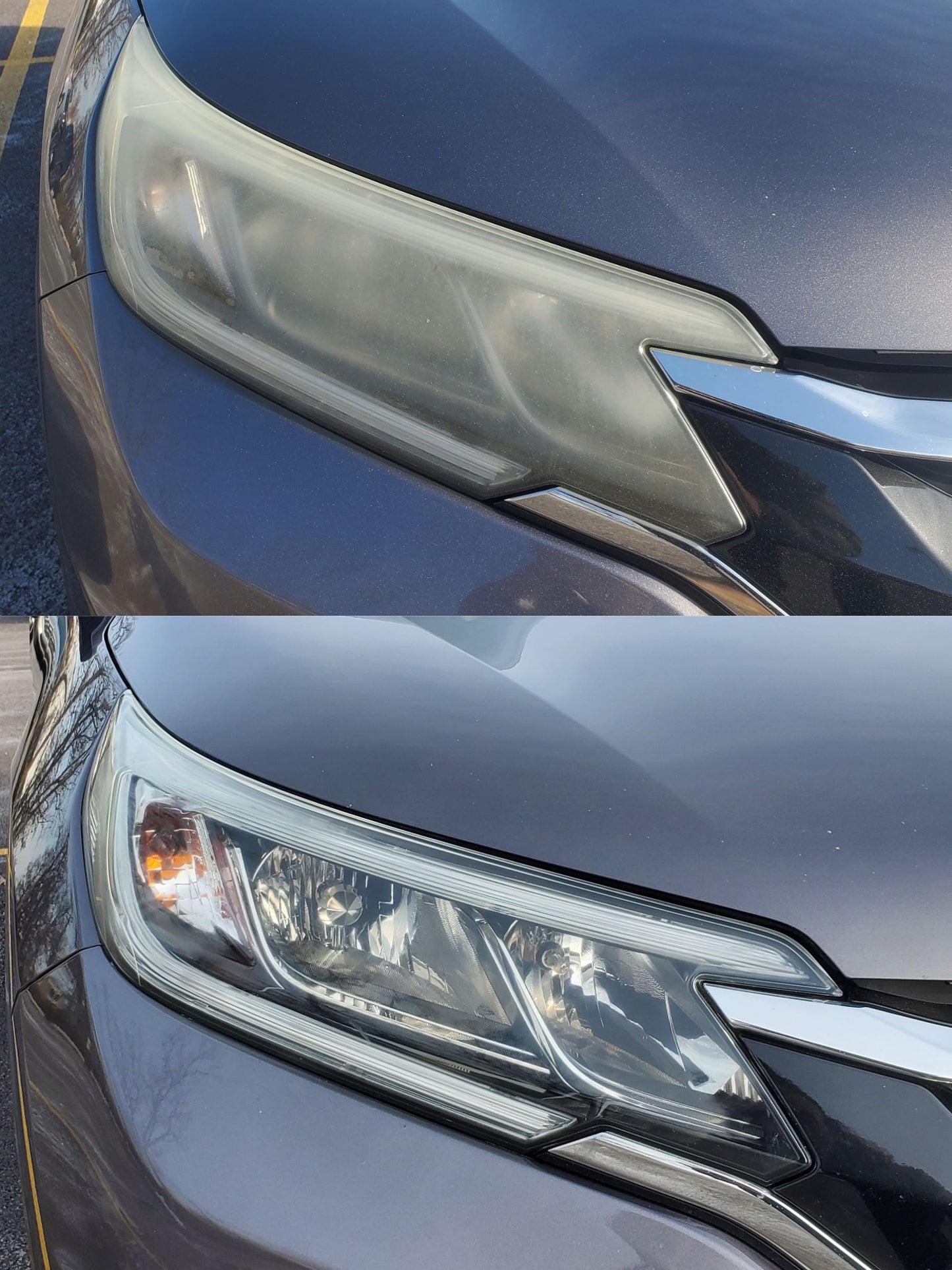 Close-up images of a car's headlight with a visible difference before and after headlight restoration.