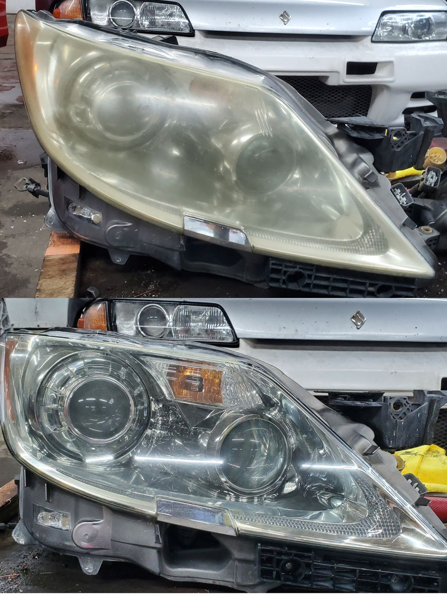 Two car headlight assemblies on a wooden pallet with a vehicle in the background. One yellow and foggy and after headlight restoration, shiny and clear.