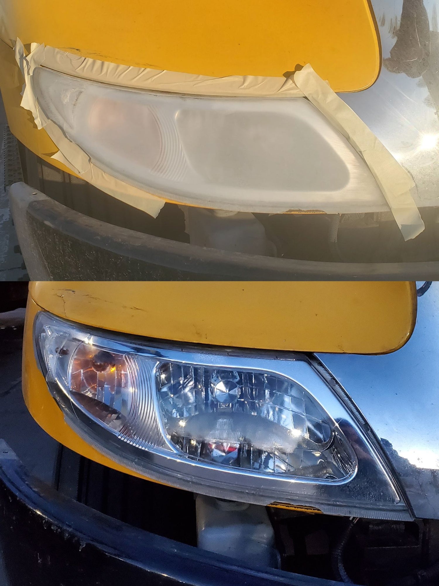 Close-up of a truck's headlight and front bumper before and after headlight restoration.