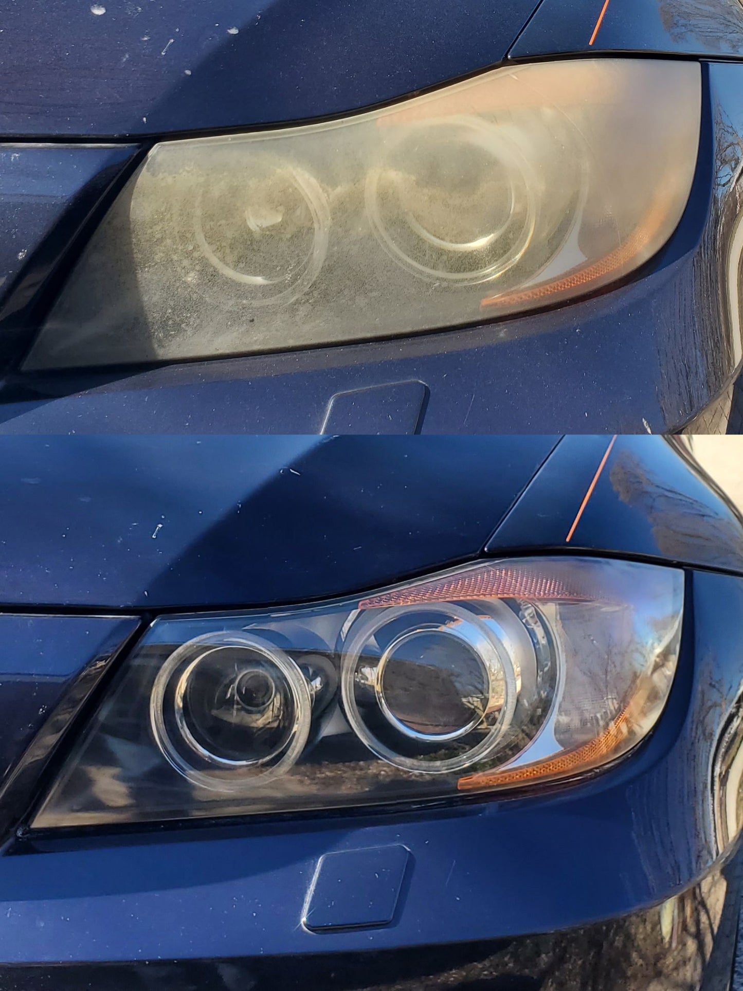 Close-up of a blue BMW car's headlights. One with a dirty lens and the other with a clear lens