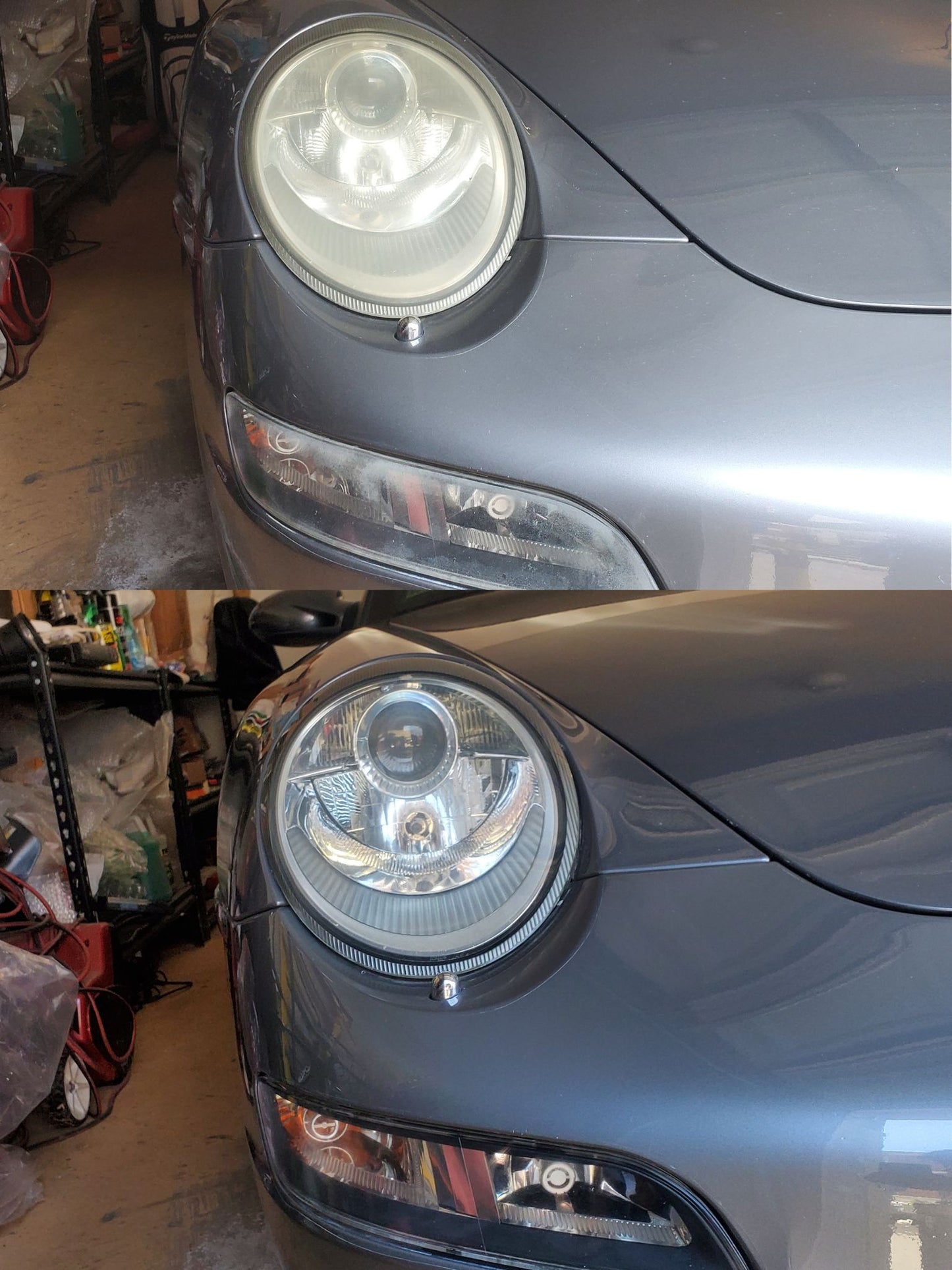 Two images of a Porsche, one showing a foggy headlight before headlight restoration and the other showing a clear headlight after headlight restoration.
